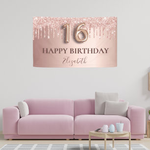 16th birthday rose gold glitter pink balloon style banner