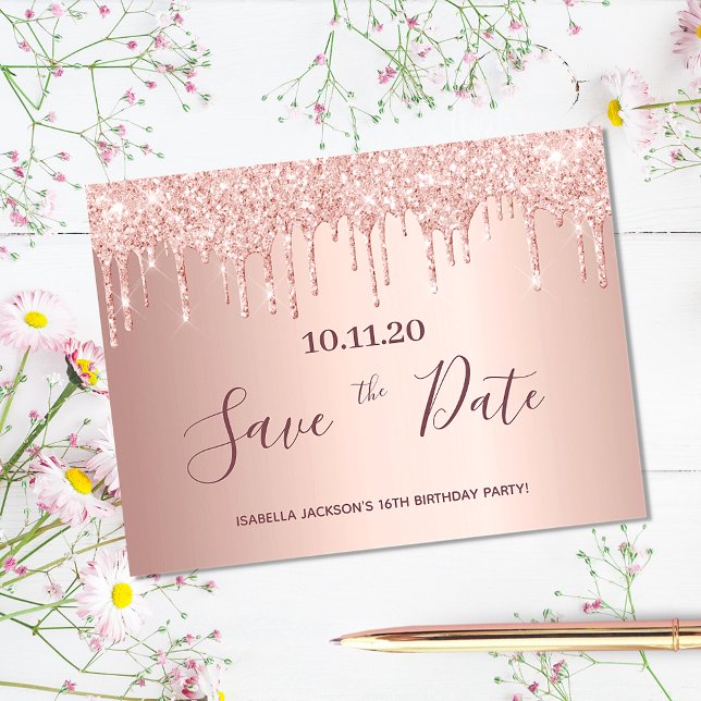 16th birthday rose gold glitter save the date postcard (Creator Uploaded)