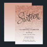 16th Birthday Rose Gold Ombre Glitter Invitation<br><div class="desc">This trendy rose gold ombre glitter birthday party invitation features faux rose gold sparkly glitter and a bold typography heading.  Add your custom text using the template form.  Additional options for text and layout are available if you choose to customise further.</div>