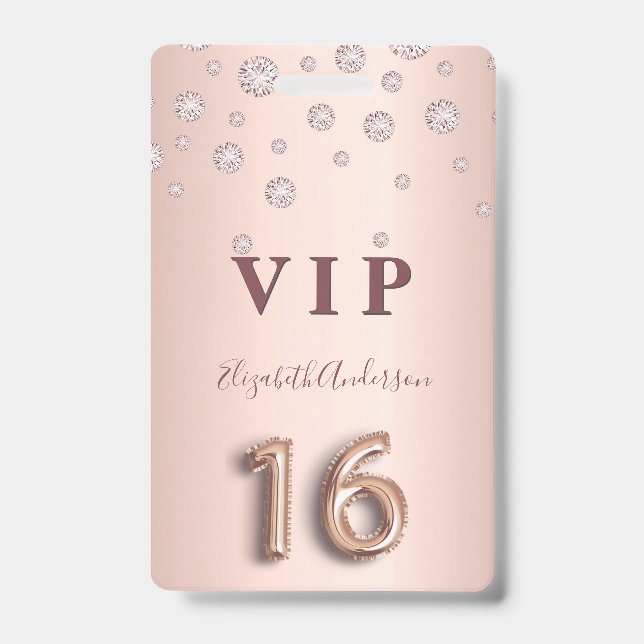 16th birthday rose gold pink diamonds balloon font ID badge (Front)