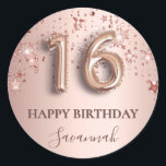 16th birthday rose gold pink stars balloon font classic round sticker<br><div class="desc">Elegant, classic, glamourous and girly for a Sweet 16, 16th birthday party. Rose gold and blush pink, gradient background. Decorated with rose gold, pink sparkling stars. Personalise and add a name. With the text: Happy Birthday plus the birthday girls name. The name is written with a modern dark rose coloured...</div>
