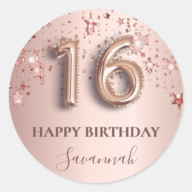 16th birthday rose gold pink stars balloon font classic round sticker (Front)