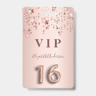 16th birthday rose gold pink stars balloon font ID badge