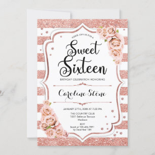 16th Birthday - Rose Gold White Stripes Floral Invitation