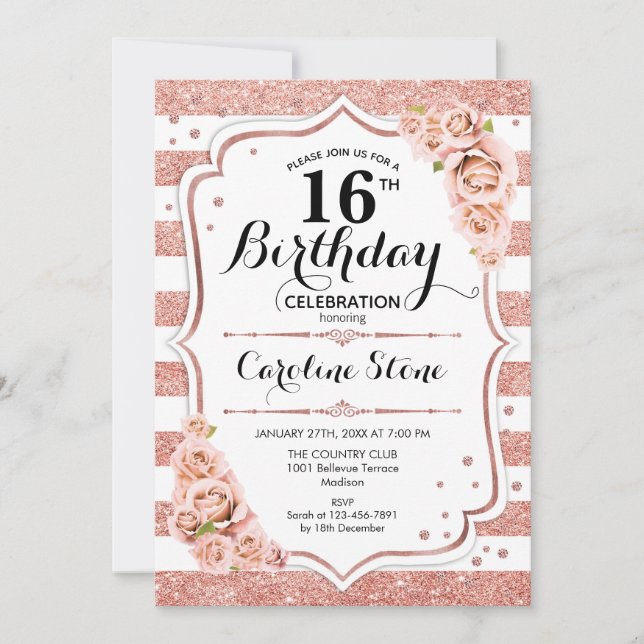 16th Birthday -  Rose Gold White Stripes Invitation (Front)