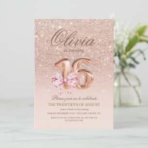 16th Birthday Rose Pink Gold Bow Birthday Party Invitation