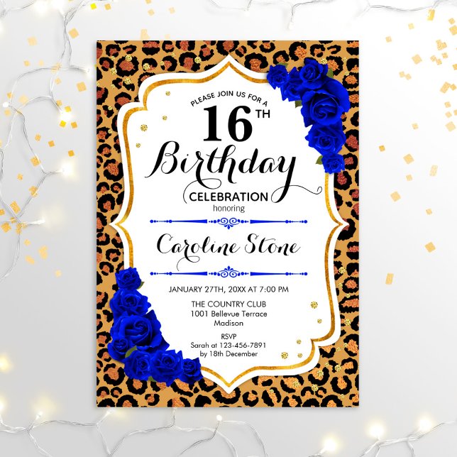 16th Birthday - Royal Blue Gold Leopard Print Invitation (Creator Uploaded)