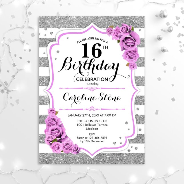 16th Birthday -  Silver White Stripes Purple Roses Invitation (Creator Uploaded)