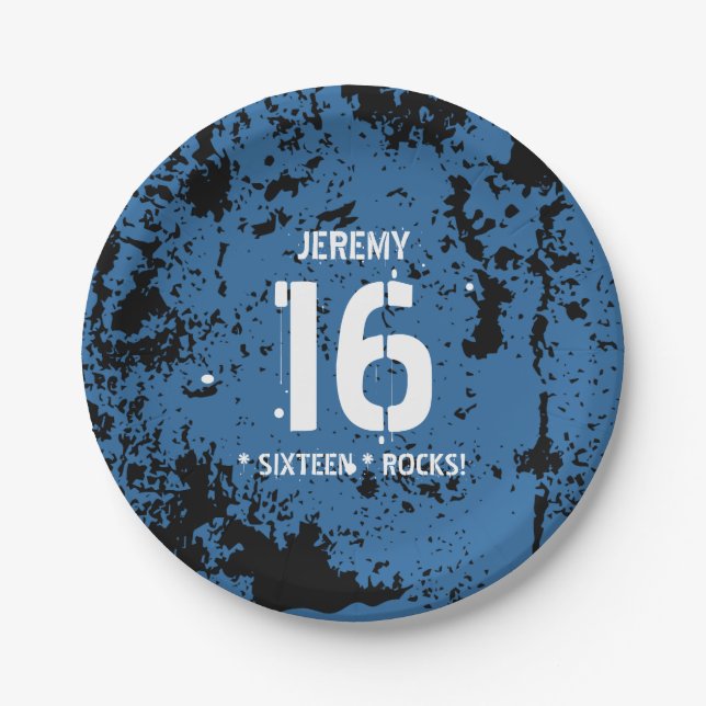 16th Birthday Sixteen Rocks BLUE Grunge F16Z Paper Plate (Front)