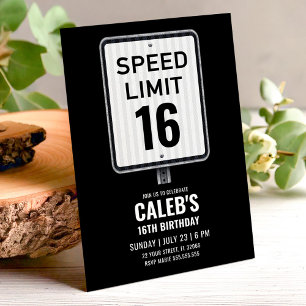 16th Birthday Speed Limit Black and White Sign Invitation