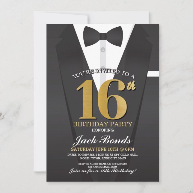 16th Birthday Spy Suit Black tie Gold Tuxedo Sweet Invitation (Front)