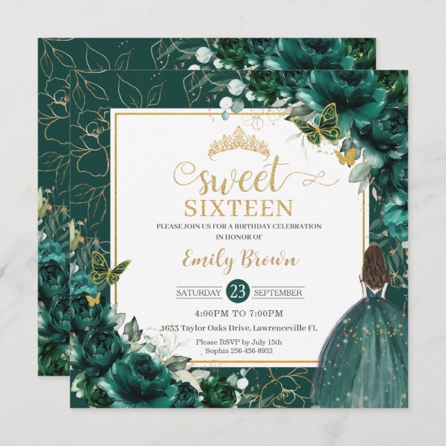 16th Birthday Sweet 16 Emerald Green Floral Invita Invitation (Front/Back)