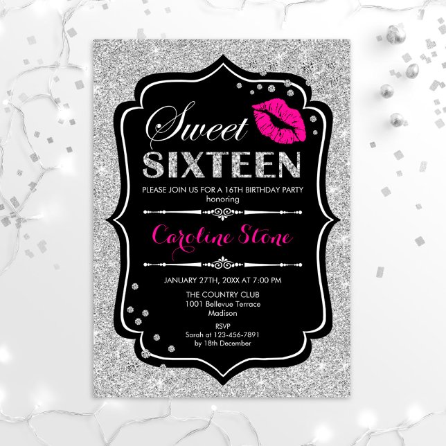 16th Birthday - Sweet Sixteen Black Pink Silver Invitation (Creator Uploaded)