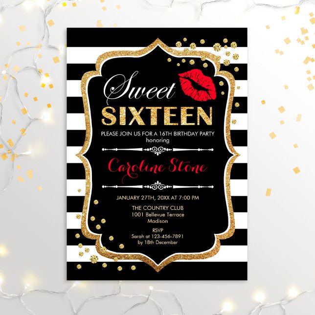 16th Birthday - Sweet Sixteen Black Red Gold Invitation (Creator Uploaded)