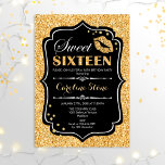 16th Birthday - Sweet Sixteen Gold Black Invitation<br><div class="desc">Sweet Sixteen Birthday Invitation.
Elegant black white design with faux glitter gold. Features lips kiss,  confetti and script font. Perfect for a stylish 16th birthday party. Message me if you need further customisation.</div>