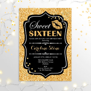 16th Birthday - Sweet Sixteen Gold Black Invitation