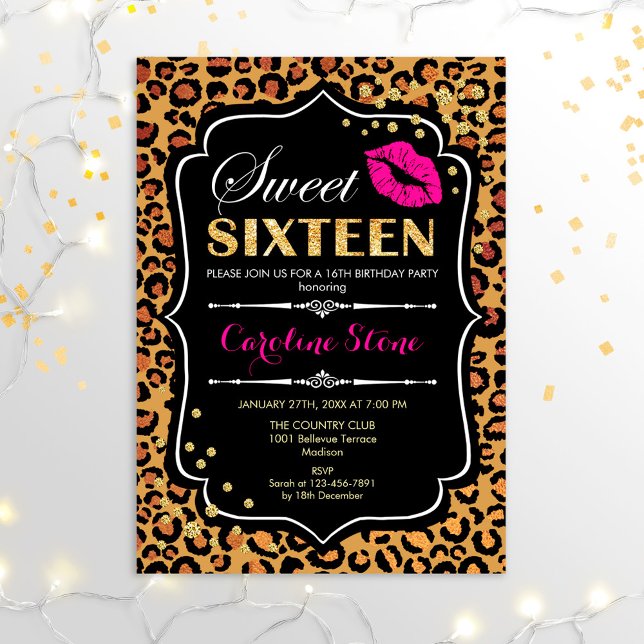 16th Birthday - Sweet Sixteen Leopard Print Pink Invitation (Creator Uploaded)