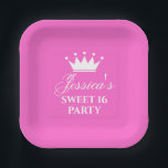 16Th Birthday sweet sixteen party hot pink custom Paper Plate<br><div class="desc">16Th Birthday sweet sixteen party hot pink custom Paper Plates personalised with name. Stylish design for sixteenth Birthday of teen girl. Elegant script text and princess crown. 16th Birthday celebration design. Pink and white. Available in different sizes. Square and round options.</div>