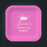 16Th Birthday sweet sixteen party hot pink custom Paper Plate<br><div class="desc">16Th Birthday sweet sixteen party hot pink custom Paper Plates personalised with name. Stylish design for sixteenth Birthday of teen girl. Elegant script text and princess crown. 16th Birthday celebration design. Pink and white. Available in different sizes. Square and round options.</div>