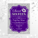 16th Birthday - Sweet Sixteen Purple Silver Invitation<br><div class="desc">Sweet Sixteen Birthday Invitation.
Elegant purple white design with faux glitter silver. Features lips kiss,  confetti and script font. Perfect for a stylish 16th birthday party. Message me if you need further customisation.</div>