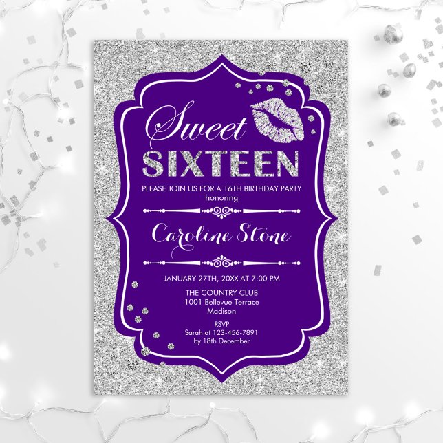 16th Birthday - Sweet Sixteen Purple Silver Invitation (Creator Uploaded)