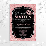 16th Birthday - Sweet Sixteen Rose Gold Black Invitation<br><div class="desc">Sweet Sixteen Birthday Invitation.
Elegant black white design with faux glitter rose gold. Features pink lips kiss,  confetti and script font. Perfect for a stylish 16th birthday party. Message me if you need further customization.</div>