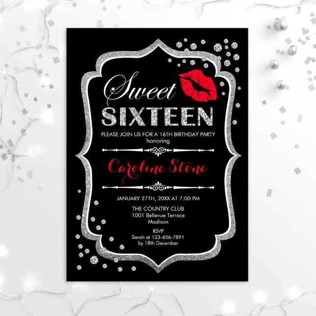 16th Birthday - Sweet Sixteen Silver Black Red Invitation (Creator Uploaded)