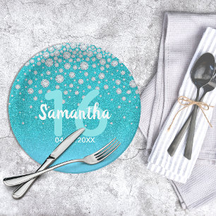 16th birthday teal blue green glitter name paper plate