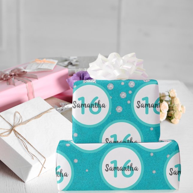 16th birthday teal green glitter diamonds wrapping paper (Creator Uploaded)
