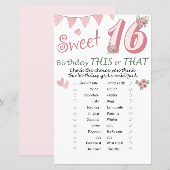 16th Birthday This or That Game (Front/Back)