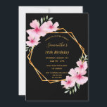16th birthday tropical geometric black Sweet 16 Invitation<br><div class="desc">A tropical floral 16th birthday party invitation with pink hibiscus flowers,  greenery and a faux gold geometric frame.  Elegant black background. Templates for a name written with a modern handlettered style script,  templates for your party information. Black text. Perfect for a summer,  pool or beach celebration!
Back: black background.</div>