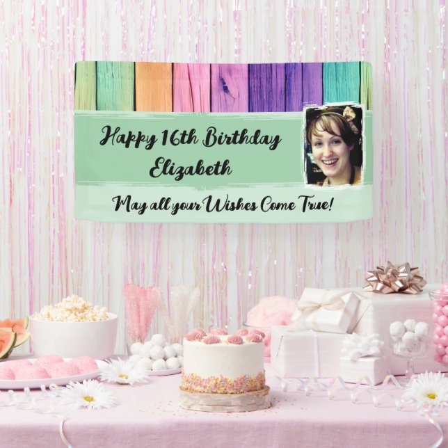 16th Birthday unicorn colours name photo green Banner (Party)