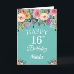 16th Birthday Watercolor Floral Flowers Teal Card<br><div class="desc">16th Birthday Watercolor Floral Flowers Teal Card with personalised name and age. For further customisation,  please click the "Customise it" button and use our design tool to modify this template.</div>