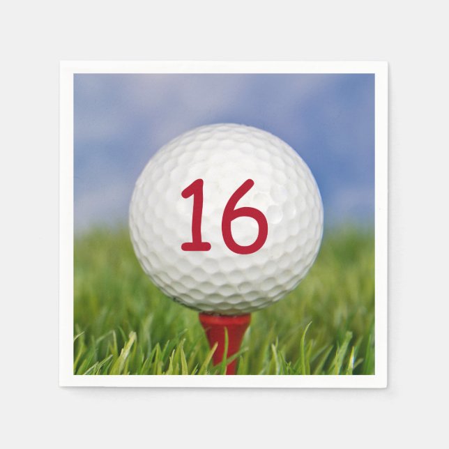 16th birthday white golf ball on red tee napkin (Front)