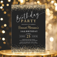 16th Black Gold Glitter Any Age Birthday 