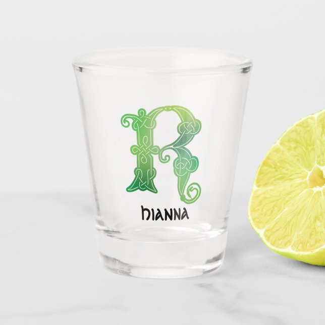 16th Century Celtic Knot Decorative Capital R Shot Glass (Front)