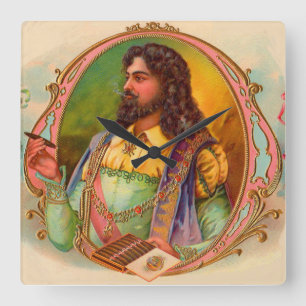 16th century cigar smoker cigar box label square wall clock