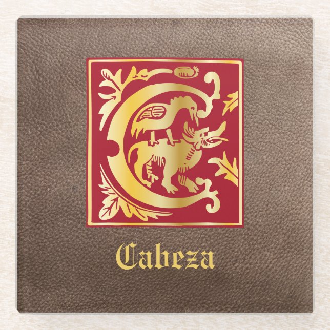 16th Century Mythic Creatures Decorative Capital C Glass Coaster (Front)