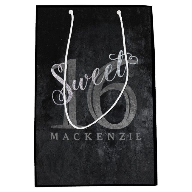 16th Charcoal Grey | Sweet 16 Silver Glitter | Medium Gift Bag (Front)