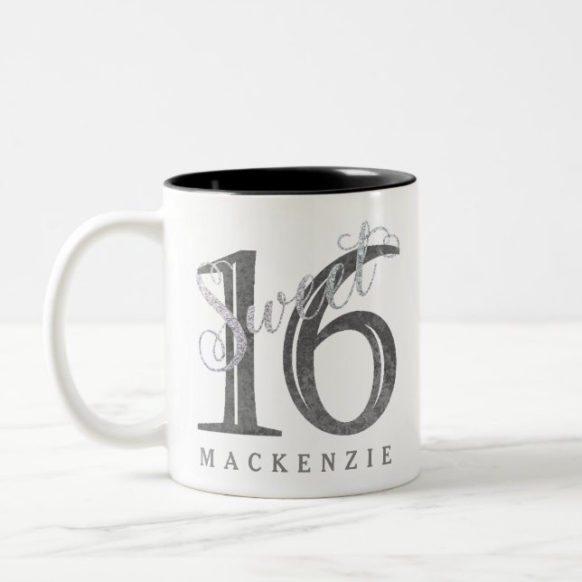 16th Charcoal Grey | Sweet 16 Silver Glitter | Two-Tone Coffee Mug (Left)