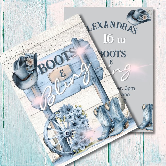 16th Cowgirl Boots Bling Western Pink Blue Invitation (Creator Uploaded)