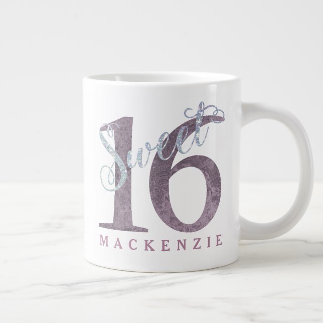 16th Dusty Pink Rose | Sweet 16 Silver Glitter | Large Coffee Mug (Right)