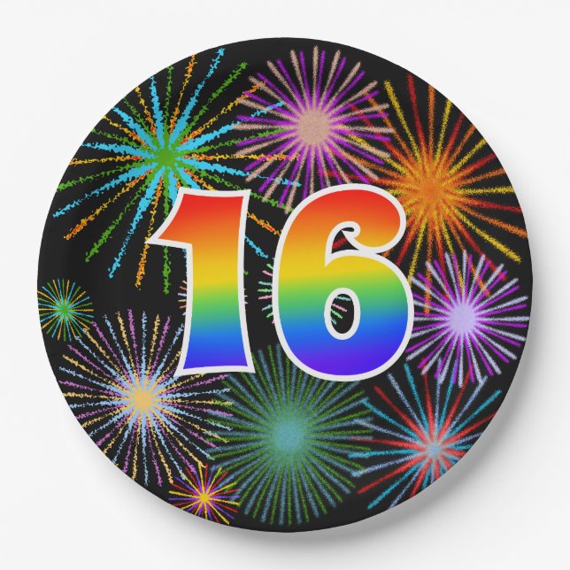 16th Event - Fun, Colourful, Bold, Rainbow 16 Paper Plate (Front)