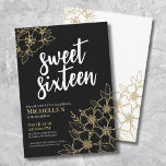 16th Gold Floral Sweet Sixteen Birthday Invitation<br><div class="desc">16th Black Gold Floral Sweet Sixteen Birthday Invitation. A fun but elegant 16th birthday party invitation with stylish gold and white flower outlines. Please note the 'gold' is just a colour, there is no foil or shimmer to it. A playful flower pattern frames a script typography "sweet sixteen" mixed with...</div>