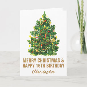 16th Happy Birthday and Merry Christmas Tree Card