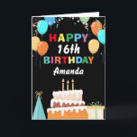 16th Happy Birthday Colorful Balloons Cake Black Card<br><div class="desc">16th Happy Birthday Colorful Balloons Cake Black with personalized name. For further customization,  please click the "Customize it" button and use our design tool to modify this template.</div>