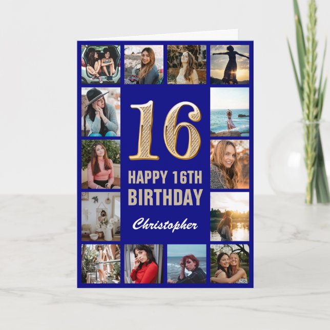 16th Happy Birthday Navy Blue & Gold Photo Collage Card (Front)