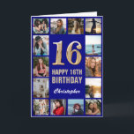 16th Happy Birthday Navy Blue & Gold Photo Collage Card<br><div class="desc">16th Happy Birthday Navy Blue and Gold Photo Collage Birthday Card. For further customisation,  please click the "Customise it" button and use our design tool to modify this template.</div>