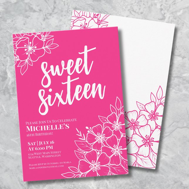 16th Hot Pink Sweet Sixteen Birthday Party Invitation (16th Hot Pink Floral Sweet Sixteen Birthday Party Invitation )