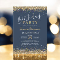 16th Navy Blue Gold Glitter Any Age Birthday 